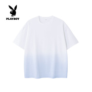 花花公子（PLAYBOY）短袖T恤男圓領(lǐng)寬松漸變夏季新款百搭上衣休閑冰絲打底衫學(xué)生體恤 淺藍(lán) XL