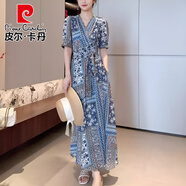 皮爾卡丹印花中長款法式新款A(yù)字裙v領(lǐng)顯瘦民族風(fēng)短袖開叉淑女復(fù)古連衣裙女 圖片色 XL