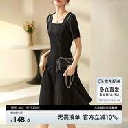尚都比拉短袖連衣裙女夏季時(shí)尚通勤中長款a字裙釘珠收腰顯瘦裙子 黑色 M