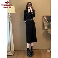 俞兆林法式赫本風(fēng)氣質(zhì)黑色長袖襯衫連衣裙女秋冬大碼胖mm收腰顯瘦長裙子 黑色 XL 【建議體重120-140斤】