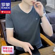 羅蒙（ROMON）夏季男士短袖T恤V領(lǐng)百搭刺繡上衣半袖男裝休閑雞心領(lǐng)修身體恤男 墨蘭色 M （適合85-100斤）