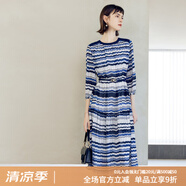 顏域七分袖條紋連衣裙女裝2024新款時尚簡約連身裙中長款圓領(lǐng)裙子 藍(lán)條 M/38