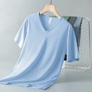 南極人短袖t恤男裝夏季V領(lǐng)純色上衣服涼感透氣半袖體恤衫 淺藍v領(lǐng)短袖 10XL l 建議105-120斤