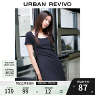 UR夏季新款女裝時尚撞色褶皺收腰修身圓領連衣裙UWU740043 正黑 S