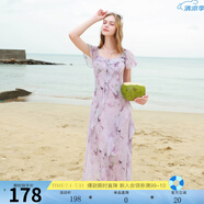 三彩2025夏季新款木耳邊荷葉袖蝴蝶印花雪紡連衣裙大擺長裙M 淡紫色花卉 M 160/84A