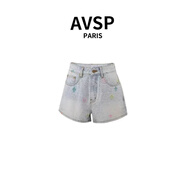 AVSP 法國小眾涂鴉印花牛仔短褲女辣妹高腰顯瘦毛邊熱褲子-7066 天藍色 L （125-135斤）