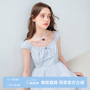 樂町小飛袖棉布裙繡花收腰裙少女蕾絲設(shè)計藍色短裙 嬰兒藍（現(xiàn)貨） S