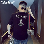 Colombass刺繡短袖t恤男士夏季韓版潮流潮牌半袖上衣男裝ins棉體恤衫 黑色 L