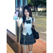 純欲辣妹jk制服正版原創(chuàng)收腰學(xué)院風(fēng)格裙百褶裙修身套裝白色襯衫 套裝收腰白色短袖+42CM碳灰 XS 推薦85斤以下