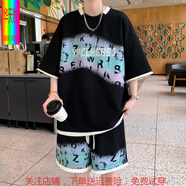 華天牧休閑運(yùn)動(dòng)套裝男夏季冰絲t恤短袖短褲男裝一套搭配帥氣青少年衣服 2138黑色套裝 M 建議80-105斤可穿