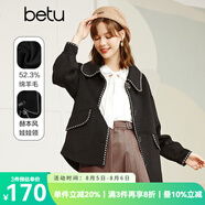 betu百圖女裝復(fù)古翻領(lǐng)赫本風(fēng)娃娃領(lǐng)精致織帶花邊燈籠袖毛呢外套女2109T01 黑色 XS