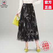 AEMAPE高級感碎花黑色半身裙女2025新款a字裙小個子時尚傘裙印花紗裙子 黑色 均碼