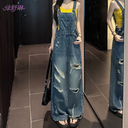 法舒琳美式復(fù)古破洞牛仔背帶褲女2025新款設(shè)計感寬松工裝連體闊腿拖地長 藍色 M 95-105斤