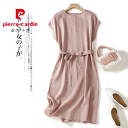 皮爾卡丹（PIERRE CARDIN）簡約純色棉麻連衣裙女夏季寬松休閑亞麻系帶中長裙子 粉色 M 【90-115斤】