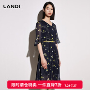 藍(lán)地（LANDI）V領(lǐng)短袖收腰碎花印花連衣裙女年夏季新款中長(zhǎng)款裙子 花色 S