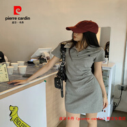 皮爾卡丹（pierre cardin）POLO領(lǐng)刺繡連衣裙女夏季2025年新款韓系氣質(zhì)收腰顯瘦短袖包臀裙子 灰色短款 S