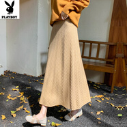 花花公子（PLAYBOY）黑色針織裙女半身裙2025秋冬新款寬松休閑毛線裙中長(zhǎng)款加厚a字裙 卡其色 S
