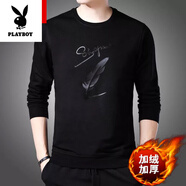 花花公子（PLAYBOY）高端純棉長袖t恤男春裝新款圓領(lǐng)體恤印花衛(wèi)衣打底小衫運動上衣服 1918-1黑色(加絨) 加厚 L 170L