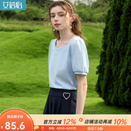 艾蓓怡（I BELIEVE YOU）藍(lán)色法式方領(lǐng)泡泡短袖蕾絲上衣女2024夏季新款洋氣質(zhì)小衫修身顯瘦 西子藍(lán) M
