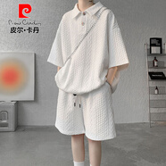 皮爾卡丹（pierre cardin）扎染短袖t恤套裝男生酷帥衛衣整套大碼男裝兩件套夏季潮流短褲  白色翻領(lǐng) 3XL