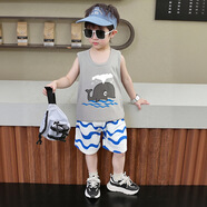 貝嬰初（BEIYINGCHU）童裝2025夏季新款兒童背心套裝純棉寶寶無(wú)袖短褲韓版男女童衣服 灰色鯨魚(yú) 110 (建議身高100-110cm)