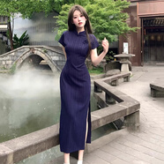 妙奕嘉新中式改良旗袍高級感2025夏季新款中國風(fēng)小個(gè)子復(fù)古民國連衣裙子 藏青色素雅國風(fēng)改良開叉旗袍 L 【建議106-119斤】