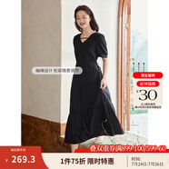 茵曼（INMAN）法式薄荷曼波連衣裙2024夏女裝新品V領(lǐng)燈籠袖抽繩 午夜黑 M