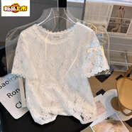 初徑韓系蕾絲衫短袖女春夏季新款韓版寬松圓領(lǐng)鏤空洋百搭白色通勤上衣 白色 S 80-98