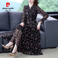 皮爾卡丹（pierre cardin）碎花雪紡連衣裙女2025新款長袖A字裙春夏季花邊打底 黑色 長袖 2XL 建議130-145斤