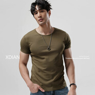 續點(diǎn) 短袖t恤男圓領(lǐng)夏修身健身緊身運動(dòng)韓版休閑棉質(zhì)純色打底彈力汗衫 軍綠色 升級精梳棉 XL 碼128-138斤左右修身版型