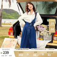 兩三事復古牛仔背帶裙女2025春季新款冬季新款牛仔裙半身裙裙子一人相伴 牛仔藍（小個(gè)子）預售 S