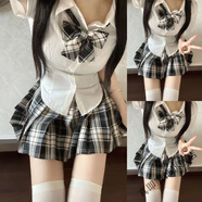 真即jk制服學(xué)院風(fēng)百褶裙套裝收腰顯瘦襯衫三件套格裙襯衣大碼半身裙子 白收腰襯衫+黑板報蝴蝶結 XL