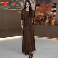 皮爾卡丹（pierre cardin）大尺碼氣質(zhì)休閑長(zhǎng)袖洋裝套裝女春秋顯瘦歐貨開(kāi)衫打底裙子三件套 咖色三件套版2024新款/法式小香 2XL 【125-140斤】