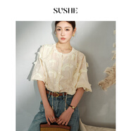 束皙SUSHE 立體刺繡法式上衣高級感100%棉寬松圓領(lǐng)流蘇襯衫女夏 晴雨傘葉 M