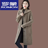 羅蒙（ROMON）羊毛衫女秋冬新款寬松顯瘦開衫中長款粗線翻領(lǐng)針織羊絨毛衣外套女 咖啡色 3XL 【建議135-150斤】