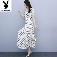 花花公子（PLAYBOY）2025法式黑白波點(diǎn)連衣裙女夏雪紡感氣質(zhì)大碼胖MM大擺圓點(diǎn)長(cháng)裙 白色-旗艦款 M _建議105斤之內