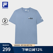 FILA官方男子短袖T恤夏季簡約圓領運動男裝上衣休閑針織套頭衫 鐵漆藍-DB L 175/96A