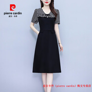 皮爾卡丹（pierre cardin）媽媽夏裝氣質(zhì)雪紡連衣裙女夏季新款收腰顯瘦小個(gè)子假兩件洋氣裙子 黑色 L 建議90-105斤