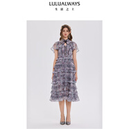 LULUALWAYS我愛(ài)露露25夏季新款優(yōu)雅復(fù)古雪紡層疊蛋糕裙設(shè)計(jì)連衣裙長(zhǎng)裙禮服女 紫色 XL