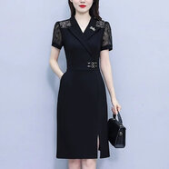 百草布【店鋪】大碼輕奢蕾絲拼接西裝連衣裙女夏季新款胖mm氣質(zhì) 黑色 3XL (適合130-140斤)