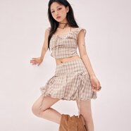 CHUU系帶褶皺格子半身裙女2025夏季新品海邊度假顯瘦蓬蓬花苞短裙 咖啡格 S