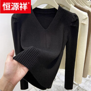 恒源祥泡泡袖V領(lǐng)加厚針織衫套頭毛衣女秋冬2025新款時(shí)髦內搭小眾上衣潮 黑色款 XL
