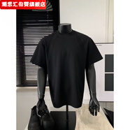 潮思匯美式重磅解構(gòu)短袖男女夏季boxy版型T恤空氣層拼接短袖 EXLUX- 黑色 190 3XL 160-180斤