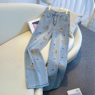 衣然呈品牛仔褲女秋季新款美式高街潮牌寬松高腰卡通立體刺繡闊腿長褲子女 淺藍(lán)色 M 【建議95-110斤】