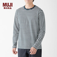 無(wú)印良品 MUJI 男式 印度棉天竺編織 圓領(lǐng)長(zhǎng)袖T恤 M9AB232 深海軍藍(lán)X橫條 M