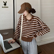 花花公子（PLAYBOY）不規則條紋毛衣春秋2025新款設計感后背開(kāi)叉寬松長(cháng)袖針織衫上衣女 咖啡色 均碼