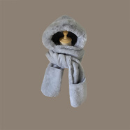 笙格兒帽子圍巾一體秋冬季保暖毛絨帽加厚仿兔毛可愛(ài)學(xué)生護耳帽子冬天女 帽子圍巾手套一體-灰色 均碼