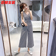 tromlfz夏季新款韓版連體衣女垂感高腰連身闊腿褲無(wú)袖背帶格子連體褲套裝 格子連體褲 S