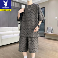 花花公子2025新款休閑運(yùn)動(dòng)冰絲套裝男夏季潮牌痞帥炸街短袖短褲青少年夏裝 T6631深灰 2XL 130-150斤可穿