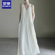 羅蒙高級(jí)感女輕奢靈動(dòng)白月光重工高定立體百褶長(zhǎng)裙雪紡v領(lǐng)連衣裙女夏 白月光 3XL 建議138-148斤